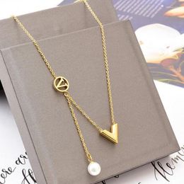 Pendant Necklaces Trend Stainless Steel V Letter For Women Fashion Gold Plating Geometric Round Tassel Pearl Necklace Brand Jewelry