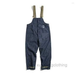 Men's Jeans Retro Cargo Navy Deck Denim Bib Washed Straight Japanese Pocket Jumpsuit Trendy Street Wear AUYT