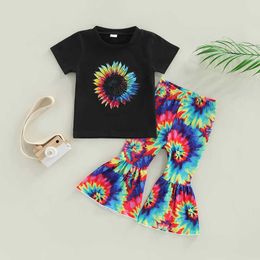 Clothing Sets 2pcs Summer Lovely Kids Girls 1-6Y Clothes Sets Tie-Dye Sunflowers Printed Shirts+Flare Pants Clothing