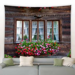 Tapestries Fence Pink Flowers Tapestry Window Flower Arch Garden Park Nature Plant Wall Hanging Modern Home Living Room Patio Decor