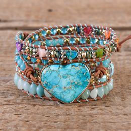 Charm Bracelets Premium Classic Heart Shape Leather Wrap W Mix Stone Jaspers Beads Strand Bracelet Jewellery Bijoux Dropship 230814