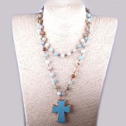 Pendant Necklaces MOODPC Fashion Bohemian Tribal Artisan Jewellery Rosary Chain Amazonite Stones Cross Necklace