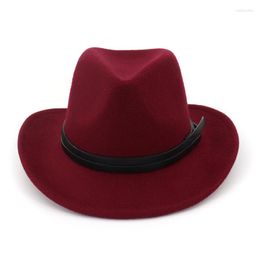 Berets Wide Brim Plain Wool Felt Cowboy Hat Mens Womens Fedora With Leather Decoration Cowgirl Jazz Trilby Chapeau For Unisex