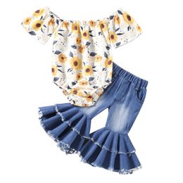 Clothing Sets 0-18M Newborn Baby Girl 2Pcs Summer Fashion Clothing Yellow Sunflower Bodysuit Denim Flared Pants