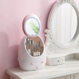 Egg Shape Makeup Organiser, 3 Drawers Cosmetic Storage Box Desktop Organiser With LED Mirror For Bathroom, LED HD Mirror Makeup Organizer Portable Cosmetic Skincare
