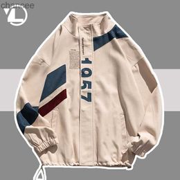 Spring Autumn Colour Block Varsity Jacket Men Fashion Higth Street College Coat Couple Casual Letter Print Beige Coat Unisex 2023 HKD230815