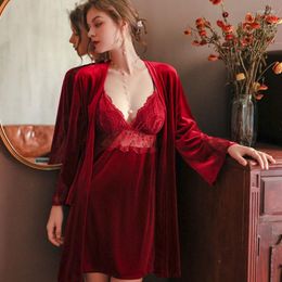 Women's Sleepwear Sexy Woman Nightie Red Velvet Robe Home Suit See-Through Mesh Patchwork Dresses 2023 Winter Negligee Sets Black FG438