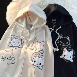 Men's Hoodies Sweatshirts Cute Japanese Flocking Embroidered Cat Hoodie Women's Y2K Academy Style Loose Sweater Zipper Lazy and Unique Hoodie Couple Sweater Z230816