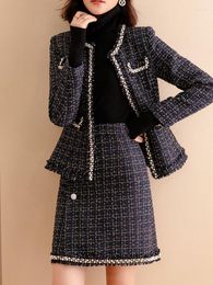 Two Piece Dress Women Tweed Elegant Chic Suit Pearl Jackert Coat Skirt Set Matching Outfit Winter Workwear High Quality Clothing 2023