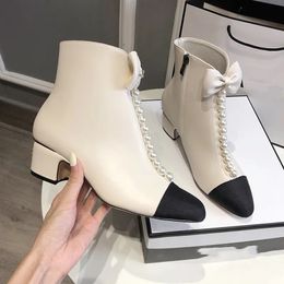 Channel White Women and Boots Black Fashion Leather Pearl Chain Tasselboots Chunky Heel Solidcolor Short Boots Winter Classic Colour Blocking Wamen Zip