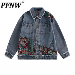 Men s Jackets PFNW Ethnic Style Patchwork Rough Edge High end Denim Men Women s Spring Autumn Street Trend Versatile Tops Coat 12Z2372 230815