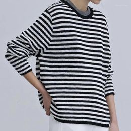 Women's Sweaters 2023 Autumn Ladies Loose Black And White Striped Casual Round Neck Knitted Pullover
