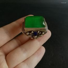 Decorative Figurines Chinese Old Craft Made Tibetan Silver Inlaid Green Jade Ring
