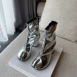 Botlar 2023 Gümüş Tabi Split Toe Tıknaz Yüksek Topuk Kadın Deri Zapatos Mujer Moda Sonbahar Ayakkabıları Botalar 230815
