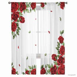 Curtain Valentine'S Day Rose Red Flowers Tulle Curtain Living Room Luxury Sheer Curtain Home Decor Chiffon Drapes Gauze Window Curtain R230815
