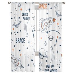 Sheer Curtains Space Rocket Spacecraft Cartoon Cosmic Planet White Meteor Tulle Window Living Room Bedroom Kitchen Voile Curtain 230815