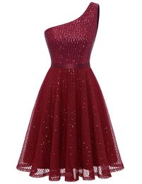 Glitter Sequined Homecoming Dresses One-Shoulder Princess Knee-Length Zipper Cocktail Formal Occasion Birthday Prom Graudation Cocktail Party Gowns 94
