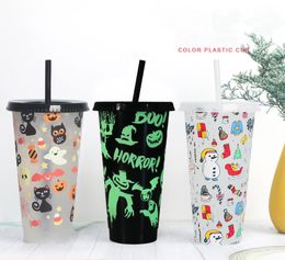 24OZ/710ml Christmas Halloween Mugs Color-Changing Cups Cold-Changing Drink Tumbler With Straw Fruit Tea PP Temperature-Sensitive Plastic Water Bottles FY5588