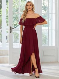 Party Dresses Elegant Evening Off Shoulder Chiffon Split Boat Neck Floor-Length 2023 Ever Pretty Of A-line Burgundy Bridesmaid Dress