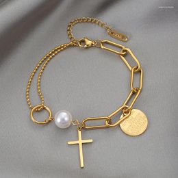 Link Bracelets Stainless Steel Layered Gold Color Pendant Bracelet For Women Retro Punk Gothic Portrait Coin Cross Pearl Party Jewelry