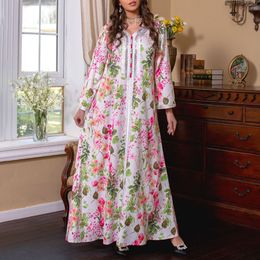 Basic Casual Dresses Beaded Arabic Robe Womens Floral Bay Moroccan Printed Ramadan Eid Muslim Dubai Party Dress 230815