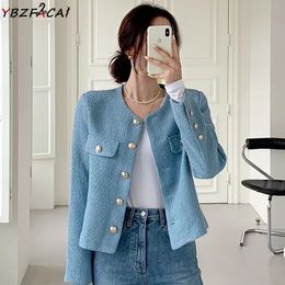 Women s Jackets 2023 Luxury Jacket White Spring Blue Tweed Green Black Short Coat Metal Single Breasted Cropped Top 230815