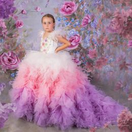 Girl Dresses Luxury Extra Puffy Girls Pageant For Po Shoot Feathers Tiers Ruffles Kids Birthday Prom Gowns Children Flower