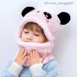 Caps Hats Cute cartoon panda baby hat with scarf winter velvet plush thick warm bean hat children's full set earmuffs Z230815