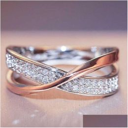 With Side Stones Selling Elegant Cross Ring Creative Rosegold Sier Double Color Diamond Womens Wed Anniversary Jewelry Drop Delivery Dhemc