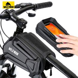 Panniers Bags WILD MAN Bicycle Bags Front Frame MTB Bike Bag Waterproof Touch Screen Top Tube Mobile Phone Bag For Cycling Accessories 230814