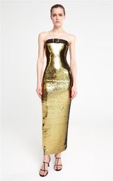 Casual Dresses Kri Sequins Maxi Bandage Dress For Women Slash Neck Sleeveless Bodycon Sexy Outfits Summer Nightclub Party Gold