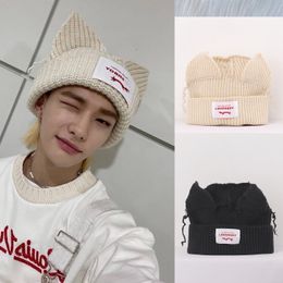 Beanie/Skull Caps StrayKids HyunJin Solid Colour Knitted Hat INS Style Niche Design Wool Cat Ear Hat Warm Decorative Cap Couple Christmas Gifts 230814