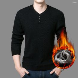 Men's Sweaters Men Solid Color Sweater V-neck Stylish Knitwear Warm Fleece Lining Button Decor For Autumn