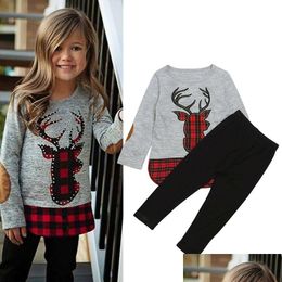 Clothing Sets Baby Girls Christmas Elk Lattice Outfits Children Plaid Deer Topaddpants 2Pcs/Set Autumn Fashion Boutique Xmas Kids Dr Dhkdn