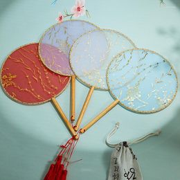 Decorative Figurines Chinese Style Gilded Round Hand Fan Vintage Silk Wood Handle High Quality Tassel Cheongsam Tang Suit Wedding Party