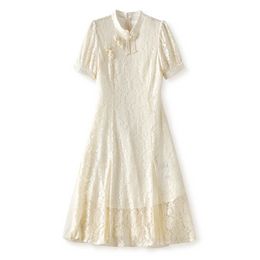 2023 Summer Apricot Solid Colour Lace Dress Short Sleeve Stand Collar Sequins Knee-Length Casual Dresses W3L043607