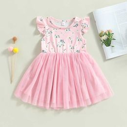 Girl's Dresses Baby Clothing Kids Girls Dress Fly Sleeve Crew Neck Flower Print Tulle Patchwork Summer A-line Dress Princess Dress