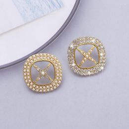 Stud Earrings Korean Fashion AB Style Hollowed Out Alloy Inlaid Rhinestones Shiny Imitation Pearl Vintage For Women Aesthetic Jewellery