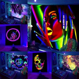 Tapestries Shinning Woman Background Wall escent Tapestry Hanging Cloth Tiger City Night Skull Alien Home Decoration Mural 230815