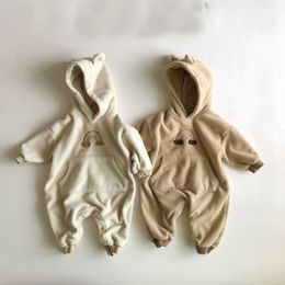 Rompers Autumn Winter Baby Clothing Bear Ear Baby Boys Rompers Fur Lining Infant Girls Outfit born Girl Outfit Rompers 230814