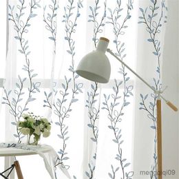 Curtain White Tulle Blue Leaves Embroidered Curtains for Living Room Bedroom Transparent Sheer Curtain Drape Window R230815