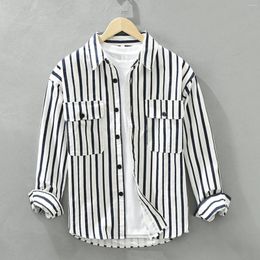 Men's Casual Shirts Striped Korean Fashion Style Shirt Young Men Loose Long Sleeved Mesh Blouse Button Pocket Cardigan Outfits