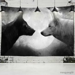 Tapestries Wolf Gaze Tapestry Snow Black White Wolf Tapestry Wall Hanging Backdrop Hippie Wall Carpets Decor Table Cloth R230815