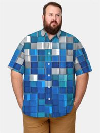 Men's Casual Shirts Blue Plaid Print Shirt Fashion Short Sleeve Clothing Summer Men Turn-down Collar Button Blouse