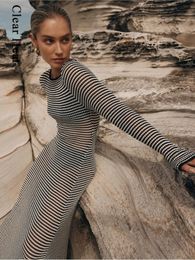 Urban Sexy Dresses Black Mesh Stripe Knitted Maxi Dress Women Sexy O-neck Long Sleeve Bodycon Dresses Summer Casual Hollow Out Beach Dress 230815