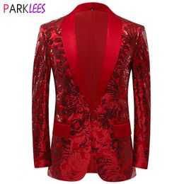 Men s Suits Blazers Shiny Red Sequins Blazer Floral Suit Jacket One Button Shawl Lapel Tuxedo Party Wedding Banquet Prom Costume Homme 230814