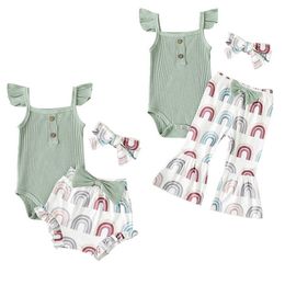 Clothing Sets 0-18M Baby Girls Lovely Clothes Sets 3pcs Fly Sleeve Solid Romper Tops Short/Flare Pants Headband