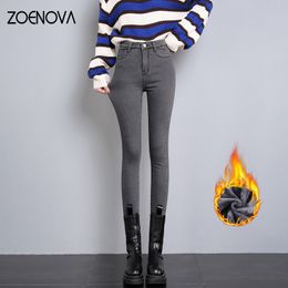 Women's Jeans ZOENOVA 2023 Winter Warm High Waist Skinny Pants Fleece Velvet Elastic Jeggings Casual Straight Jean Woman 230814