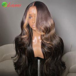 HD Highlight Wig Human Hair Colored Body Wave Ombre Brown Lace Front Synthetci Wig For Women Pre Plucked 13X4 Lace Frontal Wigs