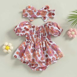 Girl's Dresses Summer Infant Baby Girls Romper Dress Heart Floral Print Collar Ruched Short Sleeve Jumpsuits with Headband